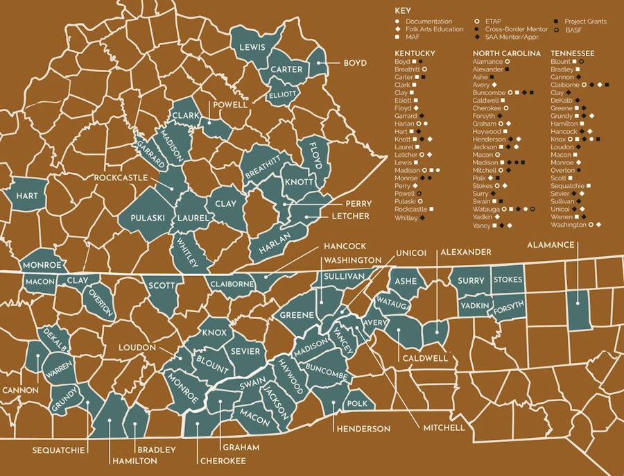 A map of the counties in which In These Mountains programming has occurred