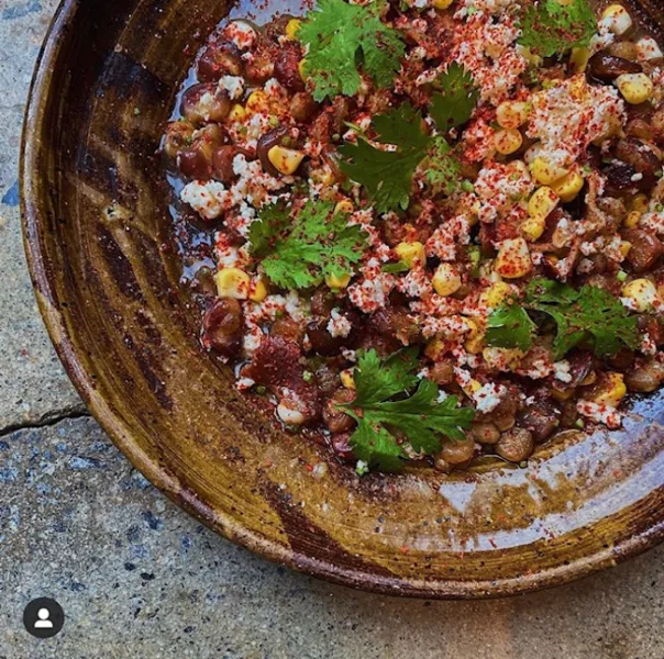 Fried Hominy, Sour Corn and Farmer's Cheese (from Ms. Shanti's personal Instagram @foodordeath_)