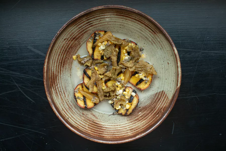 NC grilled peaches in Rice Milk (Logan R. Cyrus)