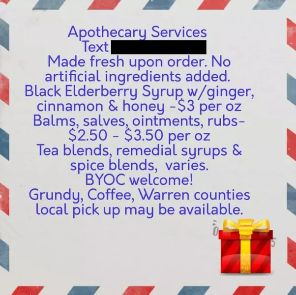 Label for Ms. Harbin’s apothecary services