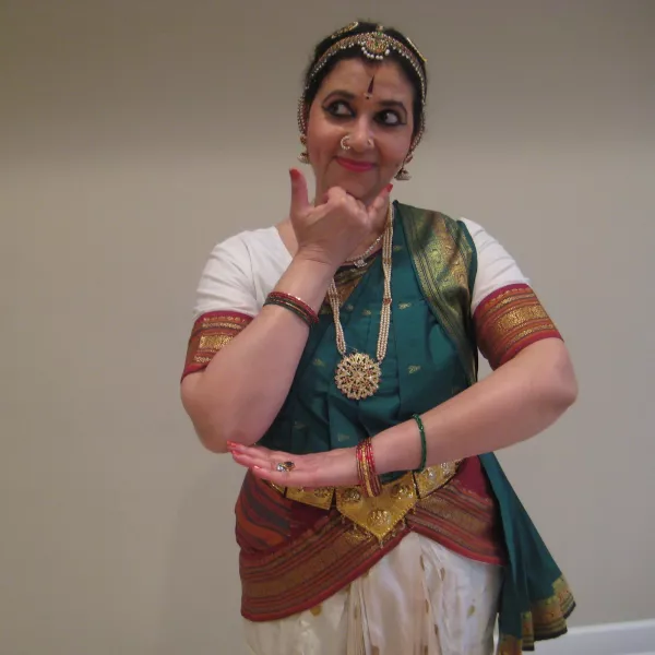Bhavani Murthy in a pose depicting a particular Abhinaya, or emotion. In this case the emotion is Ascharyam, or wonder. 