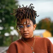 A woman looking into the camera