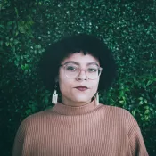 A woman looking into the camera