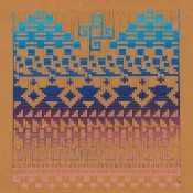 A printed design of geometric shapes that progresses through colors that are blues, purples, and pinks.